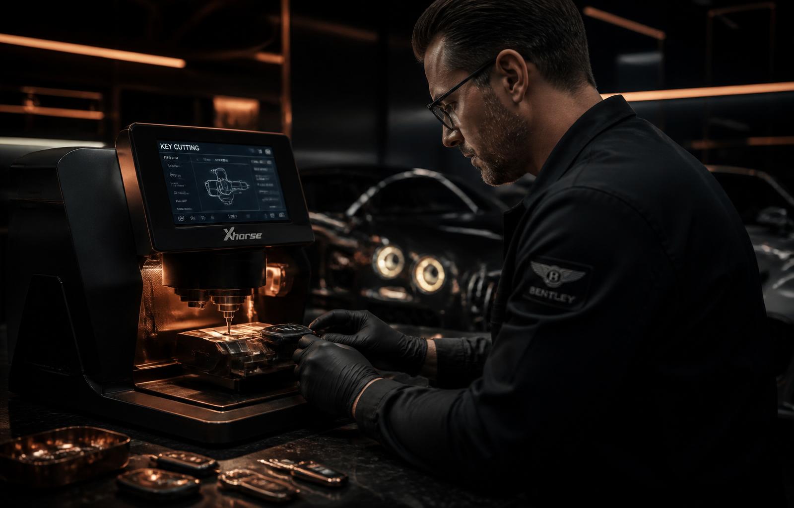 Locksmith cutting a luxury car key on a computerized machine